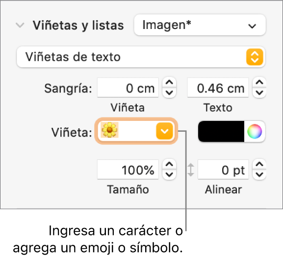 La sección Viñetas y listas de la barra lateral Formato. El campo Viñetas muestra un emoji de flor.