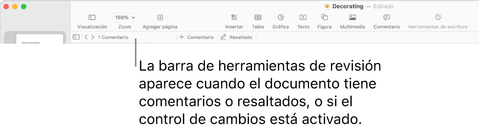 La barra de herramientas de Pages en la parte superior, con las opciones Visualización, Zoom, Agregar página, Insertar, Tabla, Gráfica, Texto, Figura, Contenido y Comentarios. Debajo de la barra de herramientas de Pages se encuentra la barra de revisión con el botón para ocultar o mostrar los comentarios, las flechas para ir al comentario anterior o al siguiente, el número total de comentarios y los botones para agregar comentario o resaltar.