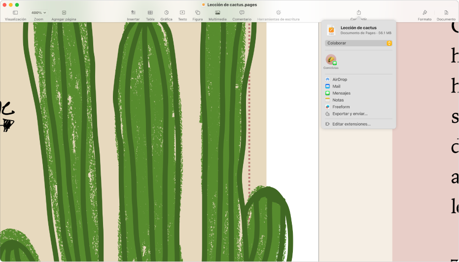 Documento abierto con el menú Compartir abierto.