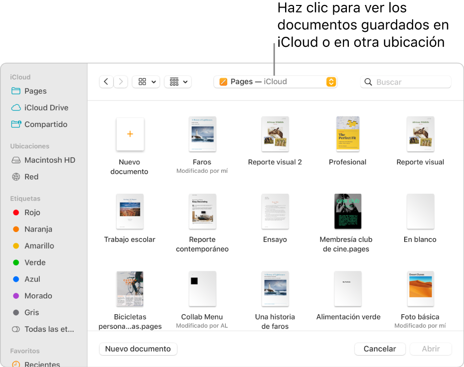 El cuadro de diálogo Abrir con la barra lateral abierta a la izquierda y con iCloud Drive seleccionado en el menú desplegable de la parte superior. Las carpetas de Keynote, Numbers y Pages aparecen en el cuadro de diálogo, junto con el botón Nuevo documento.