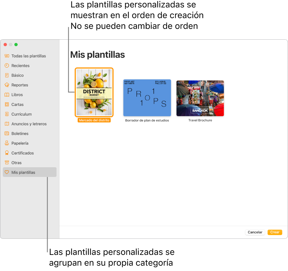 El selector de plantilla con la categoría Mis plantillas como la última categoría a la izquierda. Las plantillas personalizadas se muestran en el orden en el que se crearon y no se pueden reorganizar.