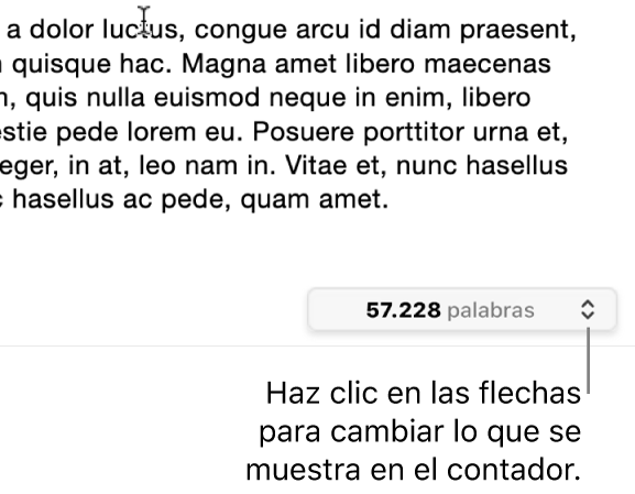 El menú de recuento de palabras con el número de palabras del documento.