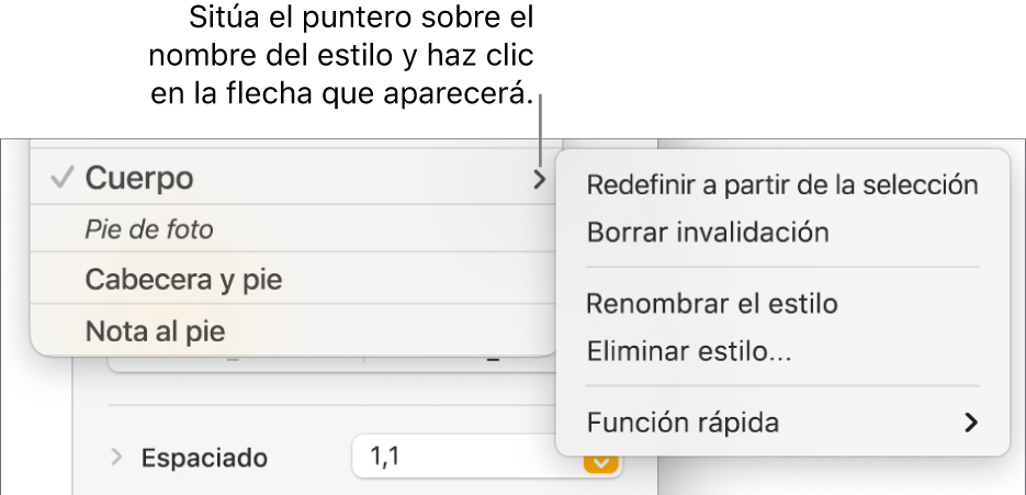 El menú “Estilos de párrafo” con el menú de función rápida abierto.