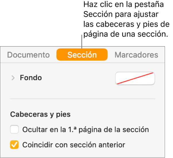 La barra lateral Documento con la pestaña Sección de la parte superior seleccionada. La sección “Cabeceras y pies” de la barra lateral tiene casillas junto a las opciones “Ocultar en la 1.ª página de la sección” y “Coincidir con sección anterior”.