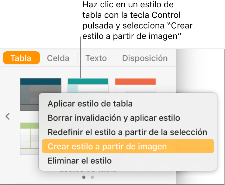 El menú de funciones rápidas de estilo de tabla.