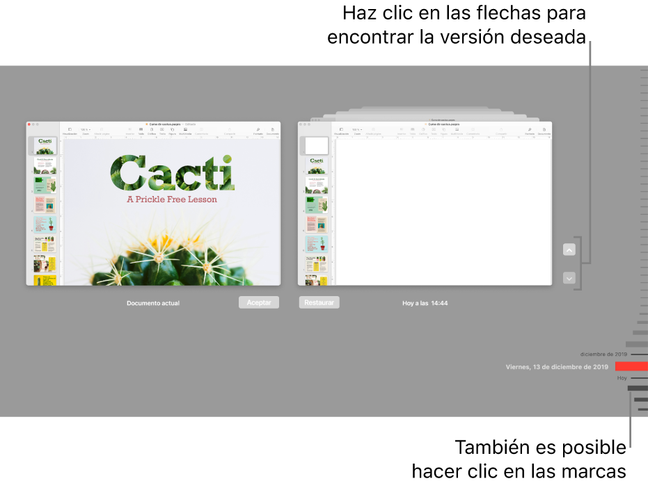 Control temporal de versiones que muestra el documento actual a la izquierda y una versión reciente a la derecha.