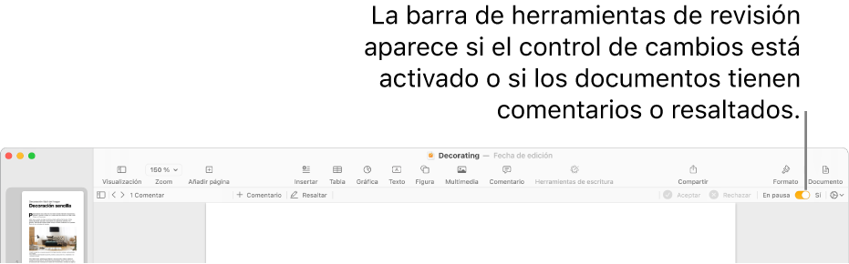 La barra de herramientas de Pages con el control de cambios activado y la barra de herramientas de revisión debajo.