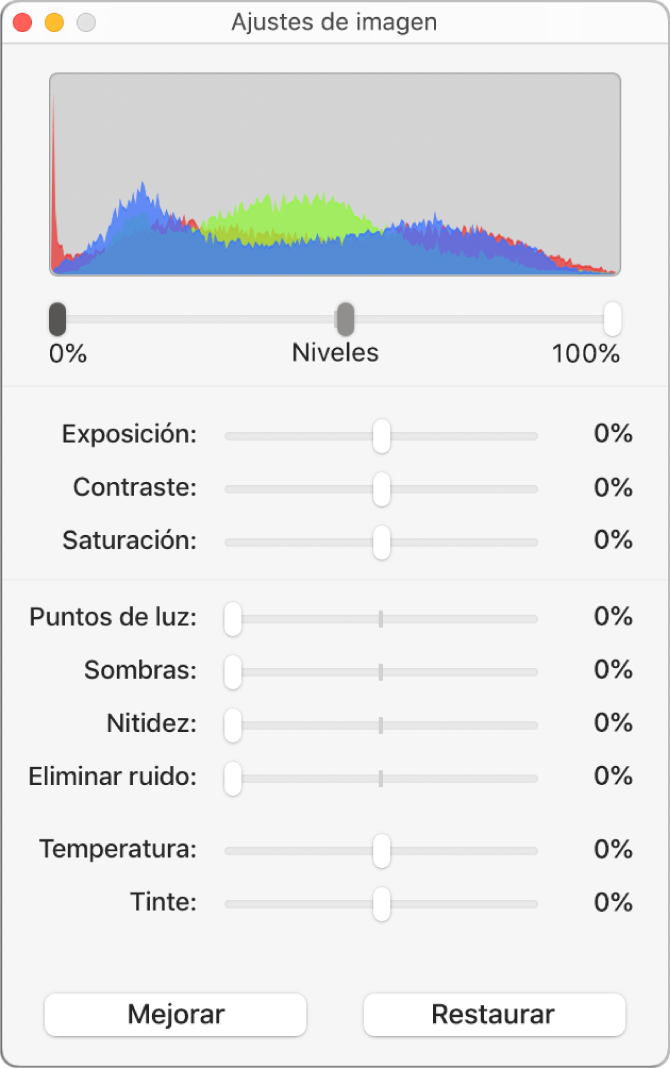 La ventana “Ajustar imagen” con reguladores para ajustar la exposición, el contraste, la saturación, los puntos de luz, las sombras, la nitidez, la eliminación de ruido, la temperatura y el tinte.