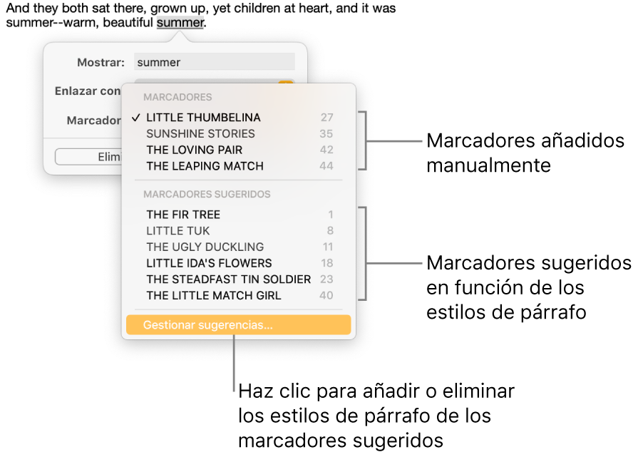 La lista de marcadores con marcadores añadidos de forma manual en la parte de arriba y los marcadores sugeridos abajo. La opción “Gestionar sugerencias” está al final.