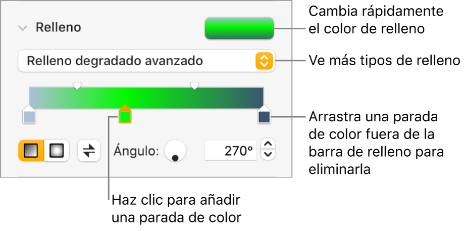Controles para rellenar objetos con colores.