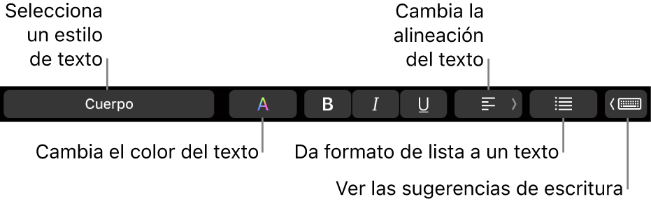 La Touch Bar del MacBook Pro con controles para elegir un estilo de texto, cambiar el color del texto, cambiar la alineación del texto, dar formato de lista al texto y mostrar las sugerencias de escritura.