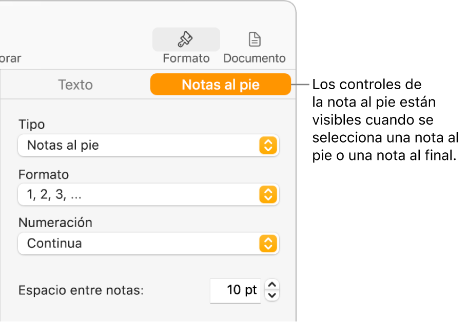 El panel “Notas al pie” con menús desplegables para Tipo, Formato, Numeración y espacio entre notas.