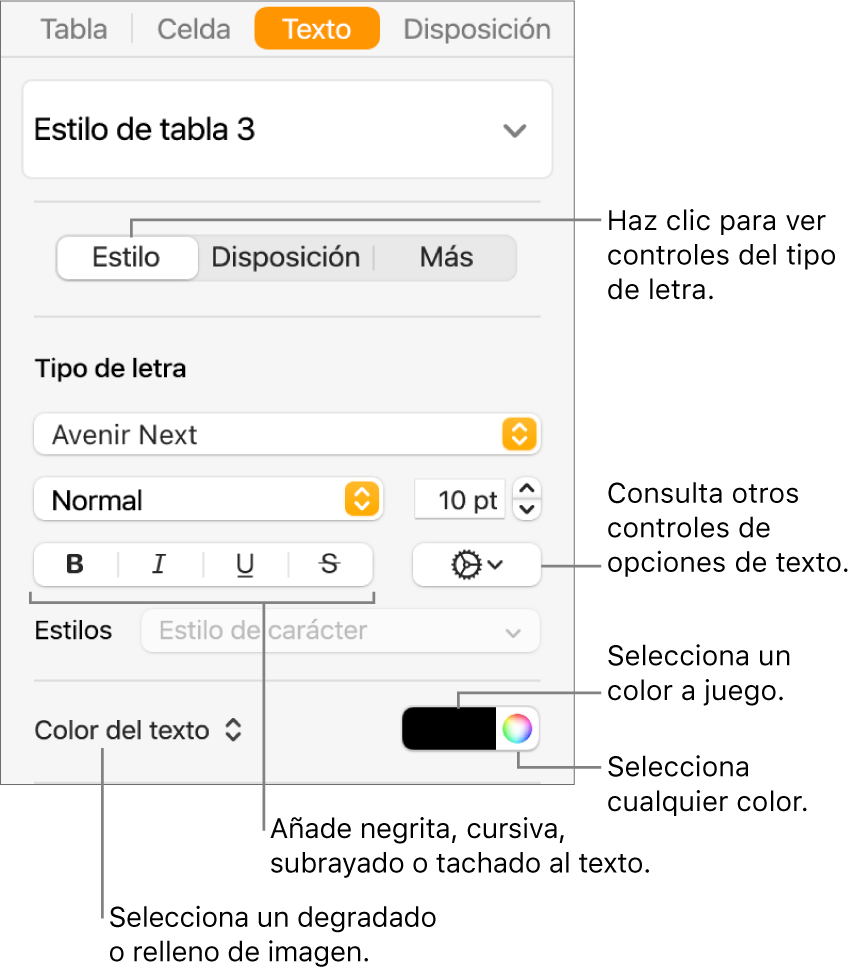 Los controles para aplicar un estilo a texto de la tabla.