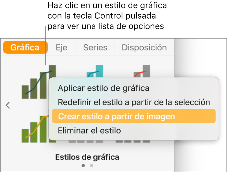 El menú de función rápida de estilo de gráfica.