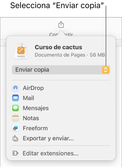 El menú Compartir con la opción “Enviar copia” seleccionada en la parte superior.