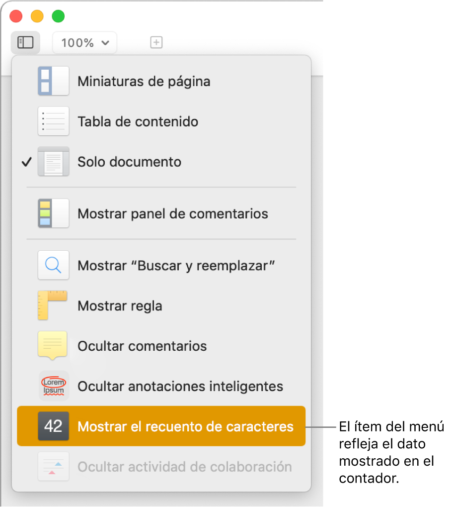 El menú Visualización abierto con “Mostrar el recuento de caracteres” casi al final.