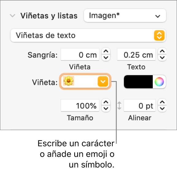 La sección de viñetas y listas de la barra lateral Formato. El campo Viñeta muestra un emoji de una flor.