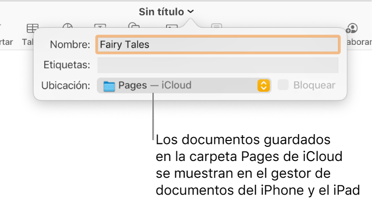 El cuadro de diálogo Guardar de un documento abierto con “Pages — iCloud” se encuentra en el menú desplegable Dónde.