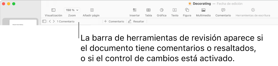 Barra de herramientas de Pages en la parte superior de la pantalla con los botones Visualización, Zoom, “Añadir página”, Insertar, Tabla, Gráfica, Texto, Figura, Multimedia y Comentario por la parte superior. Debajo de la barra de herramientas de Pages está la barra de herramientas de revisión con el botón para mostrar u ocultar comentarios, flechas para ir al comentario previo o al siguiente, el número total de comentarios y los botones para añadir un comentario o resaltar.