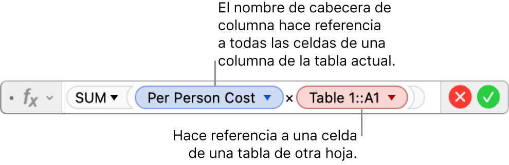 El editor de fórmulas con una fórmula que hace referencia a una columna de una tabla y una celda de otra tabla.
