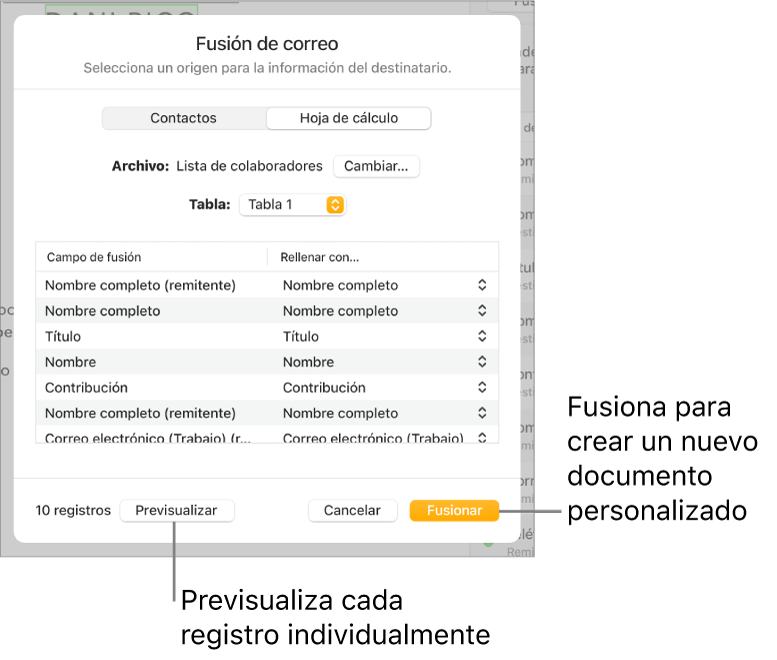 Panel de fusión de correo abierto con opciones para cambiar la tabla o el archivo de origen, previsualizar los nombres del campo de fusión o los registros individuales, o bien fusionar el documento.