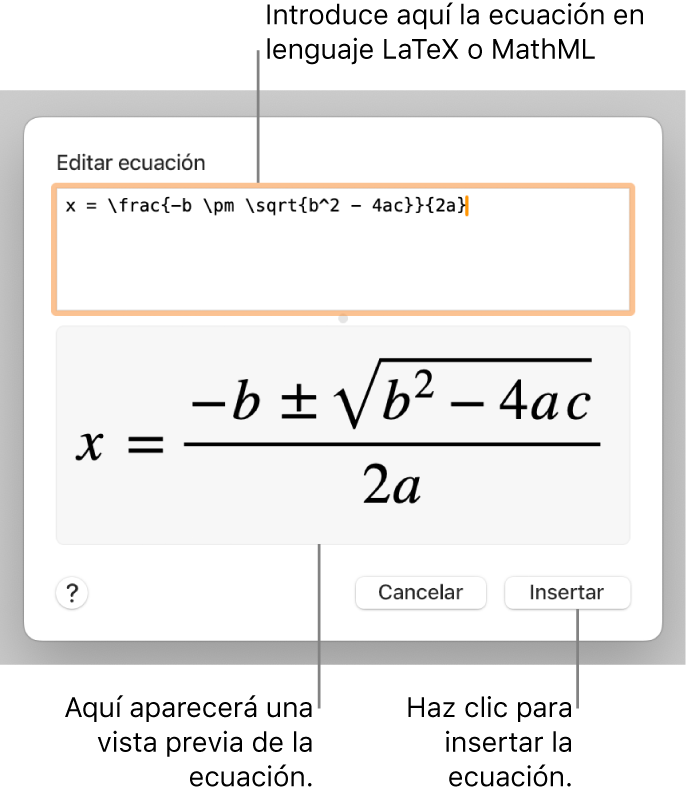 El diálogo “Editar ecuación” con la fórmula cuadrática escrita con LaTeX en el campo “Editar ecuación” y una previsualización de la fórmula a continuación.