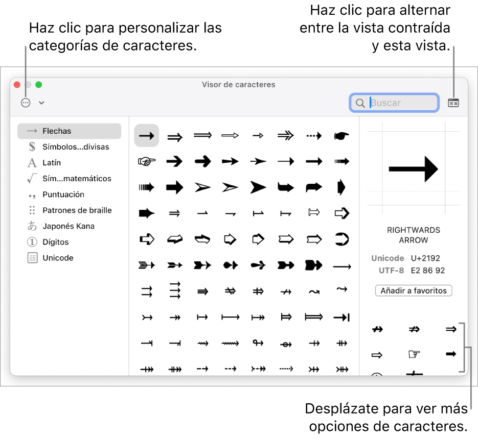 El visor de caracteres ampliado con caracteres y símbolos especiales, un menú con diferentes categorías de símbolos a la izquierda y un botón en la esquina superior derecha que permite volver a la vista contraída.