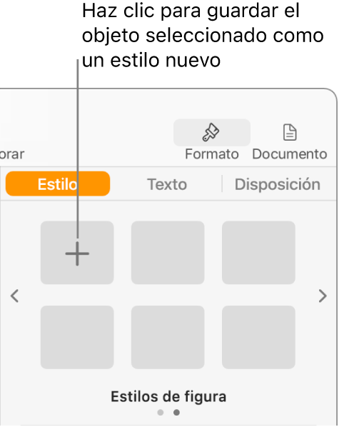 La pestaña Estilo de la barra lateral Formato con el botón “Crear estilo” en la esquina superior izquierda y cinco marcadores de posición de estilo vacíos.