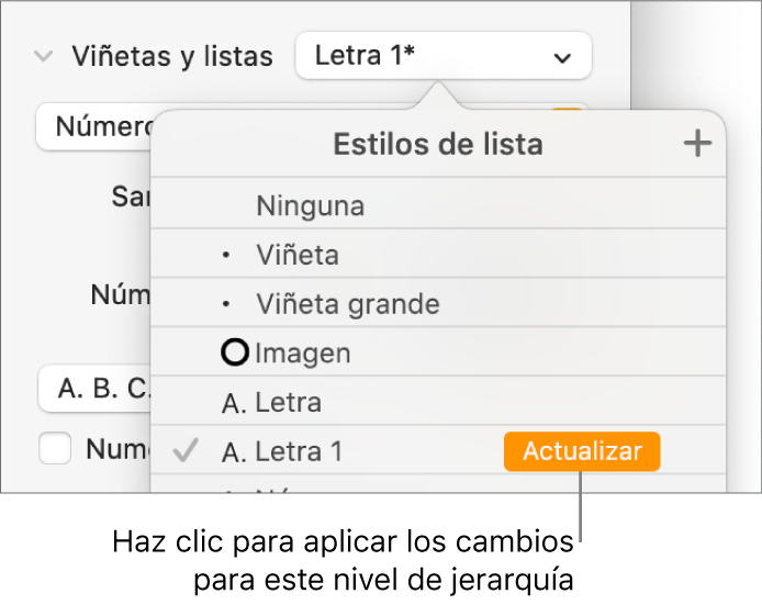 El menú desplegable “Estilos de lista” con el botón Actualizar junto al nombre del nuevo estilo.