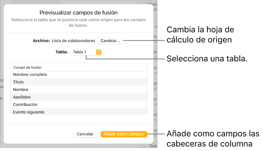 Panel de previsualización de campos de fusión abierto, con las opciones para cambiar la tabla o el archivo de origen, previsualizar los nombres del campo de fusión o añadir cabeceras de columna como campos.