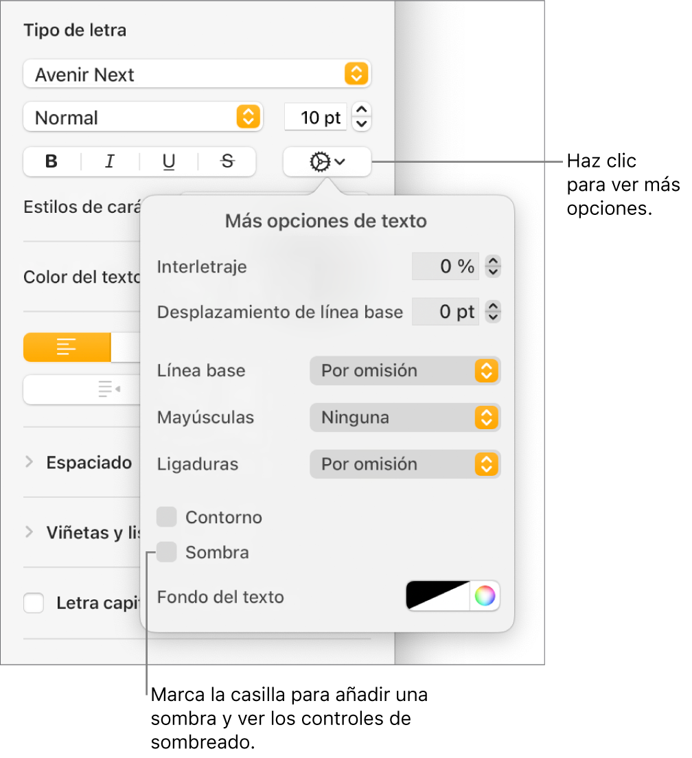 El menú “Opciones avanzadas” abierto con la casilla Sombras seleccionada y controles para configurar el desenfoque, la desviación, la opacidad, el ángulo y el color.