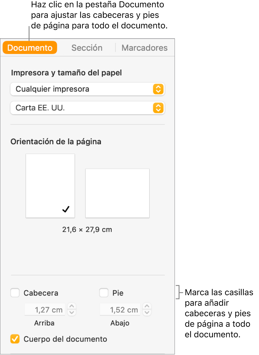 La barra lateral Documento con la pestaña Documento de la parte superior seleccionada. Debajo de las casillas Cabecera y Pie aparecen flechas para cambiar la distancia de las cabeceras y los pies de página, desde la parte superior y la parte inferior de página.