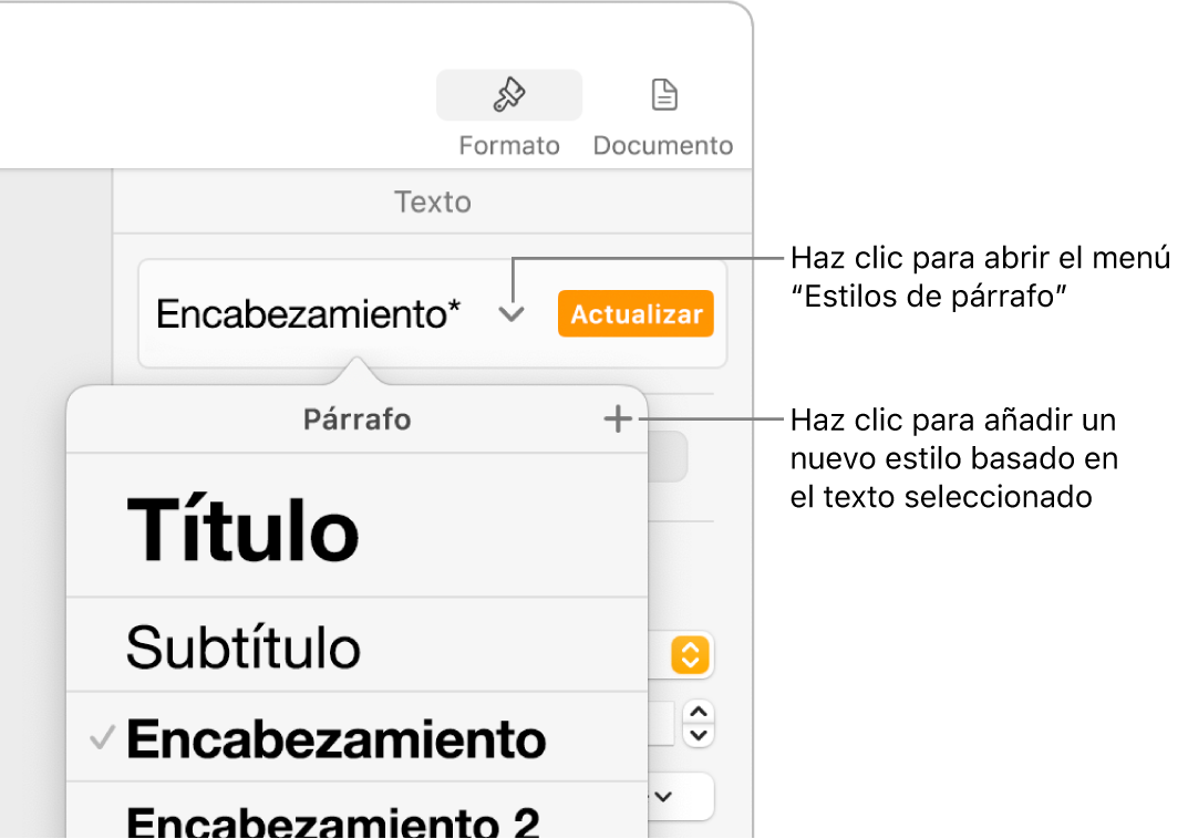 El menú “Estilos de párrafo”, con los controles para añadir o cambiar un estilo.