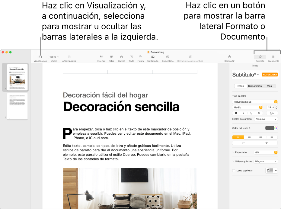 Ventana de Pages con llamadas al botón del menú Visualización y a los botones Formato y Documento de la barra de herramientas. Barras laterales abiertas a izquierda y derecha.
