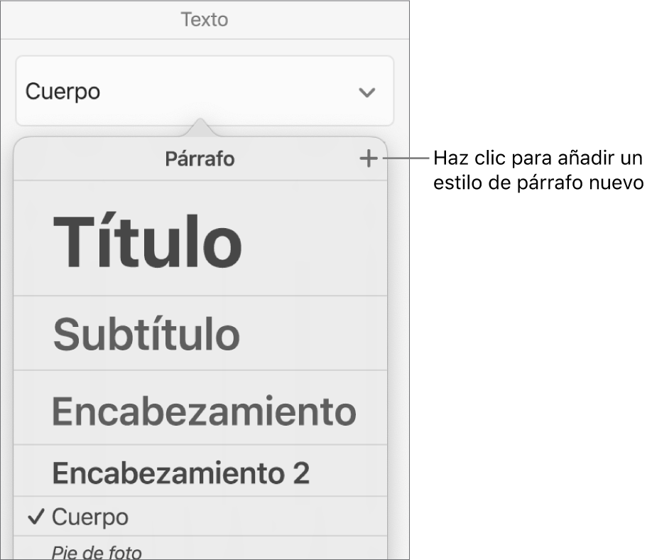 El menú “Estilos de párrafo” con una llamada al botón “Nuevo estilo”