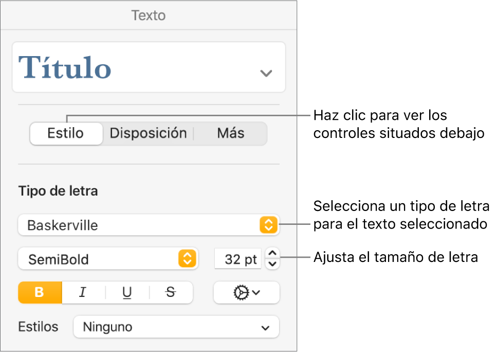 Controles de texto de la sección Estilo de la barra lateral Formato para ajustar el tamaño y el tipo de letra.