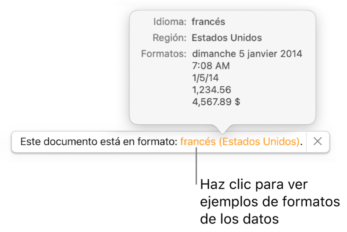 La notificación del ajuste de idioma y formato distinto, con ejemplos del formato en ese idioma y región.