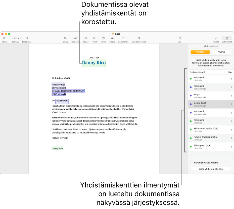 Pages-dokumentti, jossa on vastaanottaja- ja lähettäjäkentät sekä yhdistämiskentän ilmentymäluettelo näkyvillä Dokumentti-sivupalkissa.