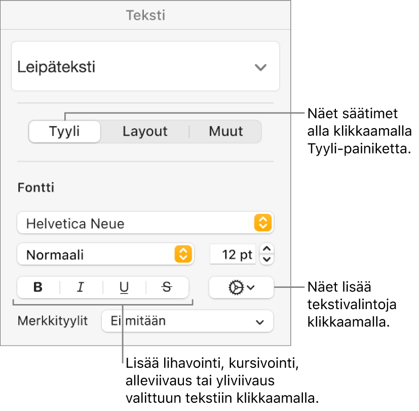 Muoto-sivupalkin Tyyli-säätimet ja selitteet Lihavoi-, Kursivoi-, Alleviivaa- ja Yliviivaa-painikkeisiin.