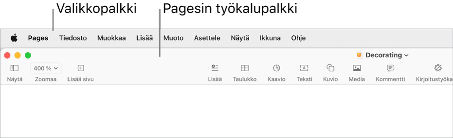 Näytön yläosassa on valikkorivi, jossa on Omena-, Pages-, Arkisto-, Muokkaa-, Lisää-, Muoto-, Järjestä-, Näytä-, Ikkuna- ja Ohje-valikot. Valikkorivin alla on avoin Pages-dokumentti, jonka yläosassa on seuraavat työkalupalkin painikkeet: Näytä, Zoomaa, Lisää sivu, Lisää, Taulukko, Kaavio, Teksti, Kuvio, Media, Kommentti, Jaa ja Muoto.