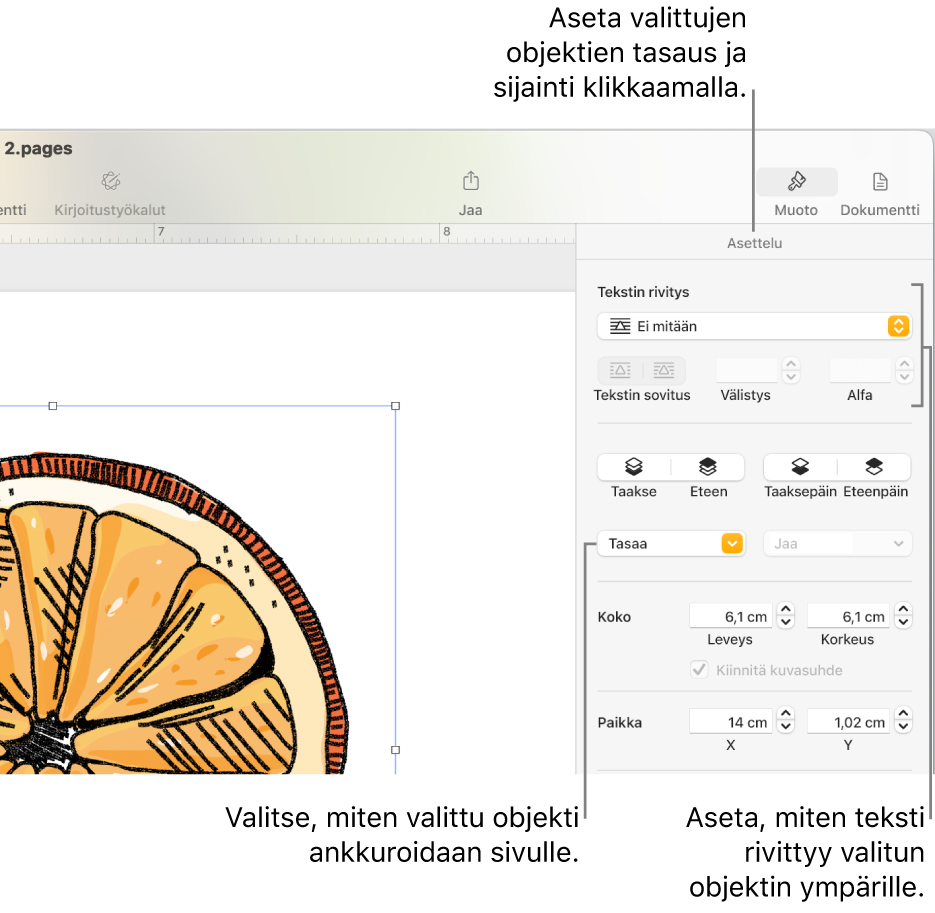 Muoto-valikko, josta näkyy Asettele-sivupalkki. Asettele-sivupalkin yläosassa ovat Objektin sijoitus ‑asetukset ja niiden alla Tekstin rivitys ‑asetukset.