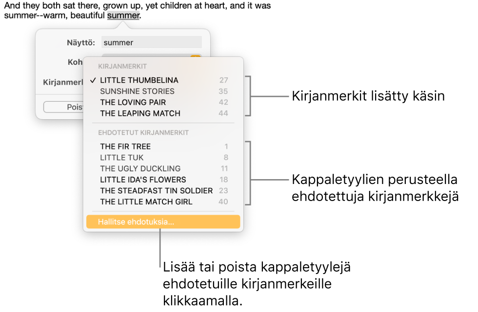 Kirjanmerkkiluettelo, jossa on ylhäällä käsin lisättyjä kirjanmerkkejä ja alhaalla ehdotettuja kirjanmerkkejä. Hallitse ehdotuksia -valinta on alareunassa.