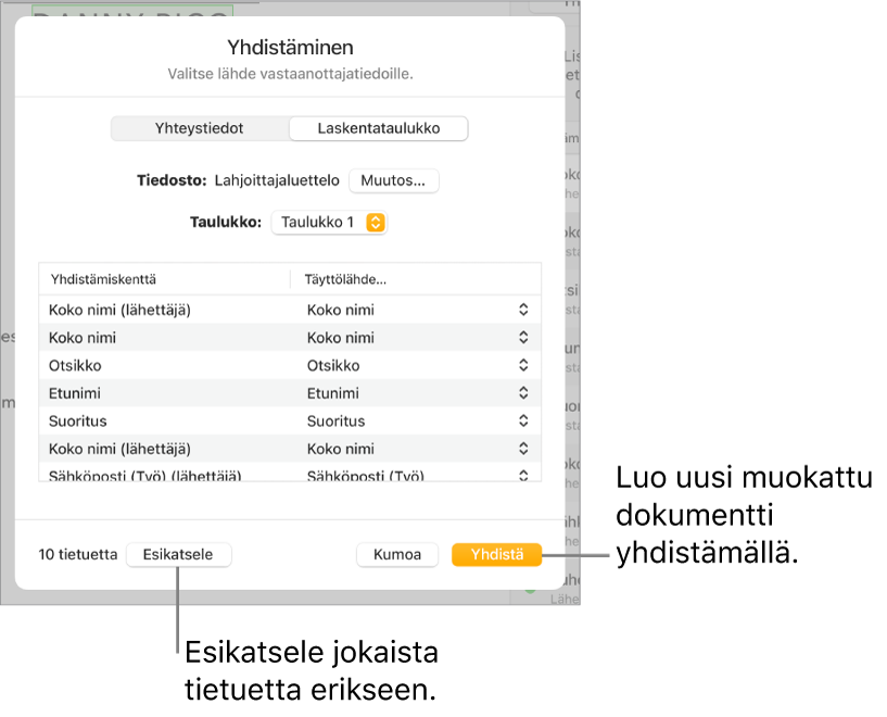 Yhdistäminen-osio avoinna, näkyvillä valinnat lähdetiedoston tai -taulukon muuttamiseen, yhdistämiskenttien nimien tai yksittäisten tietueiden esikatseluun tai dokumentin yhdistämiseen.