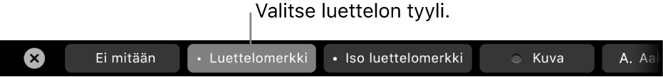 MacBook Pron Touch Bar, jossa on säätimet luettelotyylin valintaan.