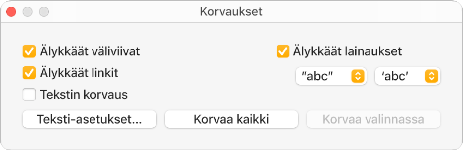 Korvaukset-ikkuna.