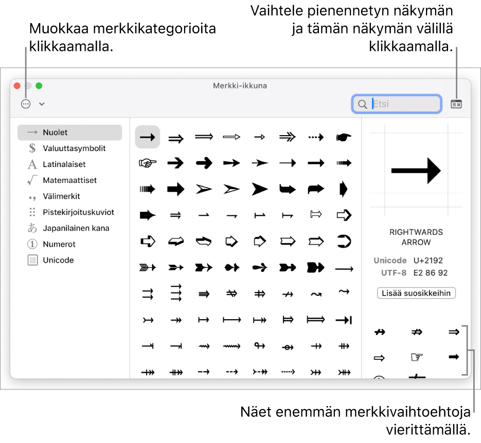 Laajennetussa Merkit-ikkunassa näkyy erikoismerkkejä ja symboleita, erilaisten symbolikategorioiden valikko vasemmalla ja oikeassa yläkulmassa oleva painike, jolla voidaan palata pienennettyyn näkymään.