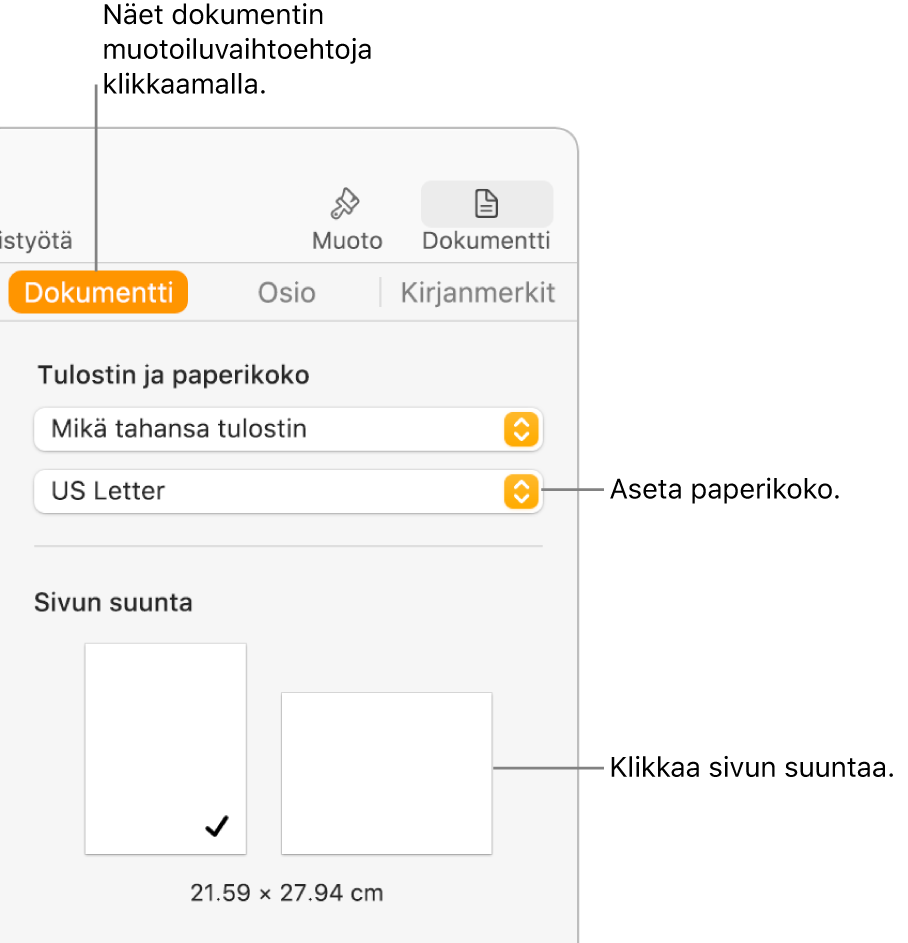 Dokumentti-sivupalkki ja Dokumentti-välilehti valittuna sivupalkin yläreunassa. Sivupalkissa on ponnahdusvalikko paperikoon ja painikkeet pysty- ja vaakasuunnan asettamista varten.