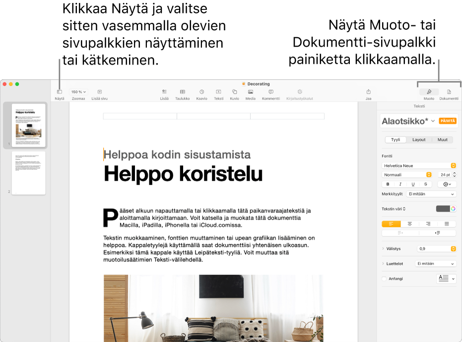 Pages-ikkuna ja työkalupalkin Näytä-valikkopainikkeen ja Muoto- ja Dokumentti-painikkeiden selitteet. Sivupalkit ovat auki vasemmalla ja oikealla.