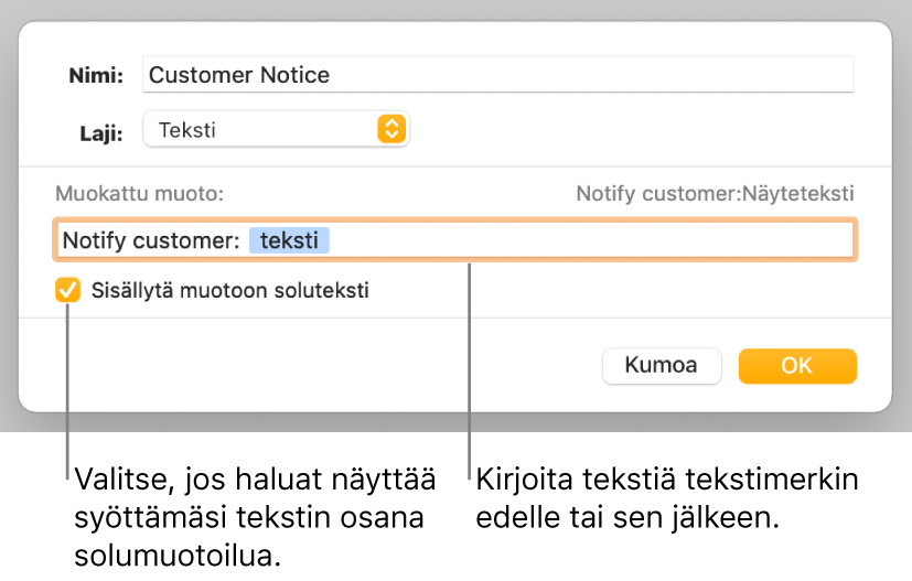 Muokatun solumuodon ikkuna, jossa on säätimiä muokattujen tekstimuotojen valitsemiseen.