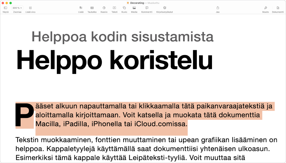 Työpohjan paikanvaraajateksti valittuna avoimessa dokumentissa.